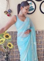 Soft Georgette Sky Blue Daily Wear Sequins Work Saree